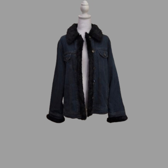 Dennis Basso Navy Denim Jacket with Black Faux Fur Trim - Picture 1 of 10